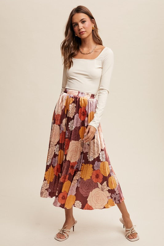 0247 Floral Print Pleated Maxi Skirt