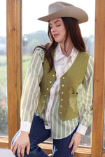 160 Green Corduroy Vest with Pearl Snaps & Embroidered Pockets