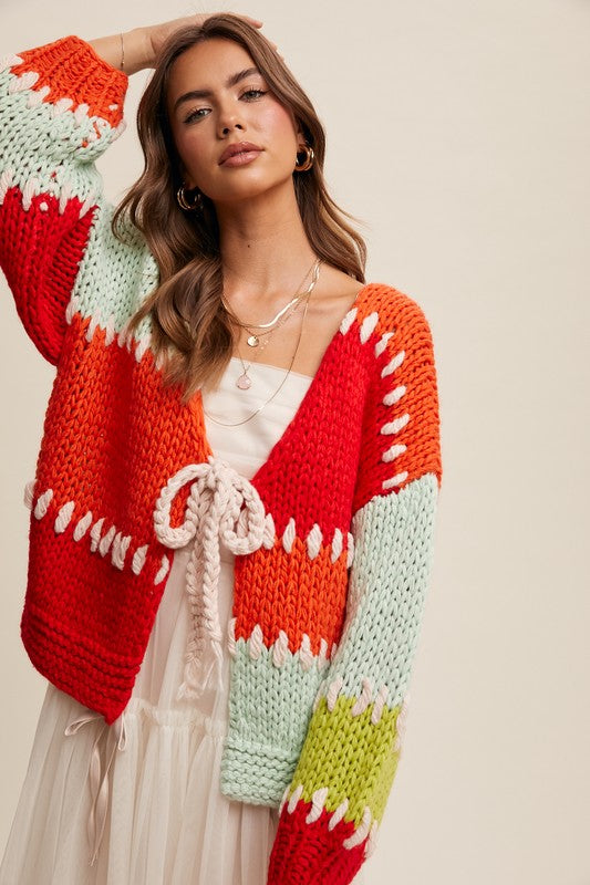 0924 Hand Crochet Colorblock Front Tie Knit Cardigan