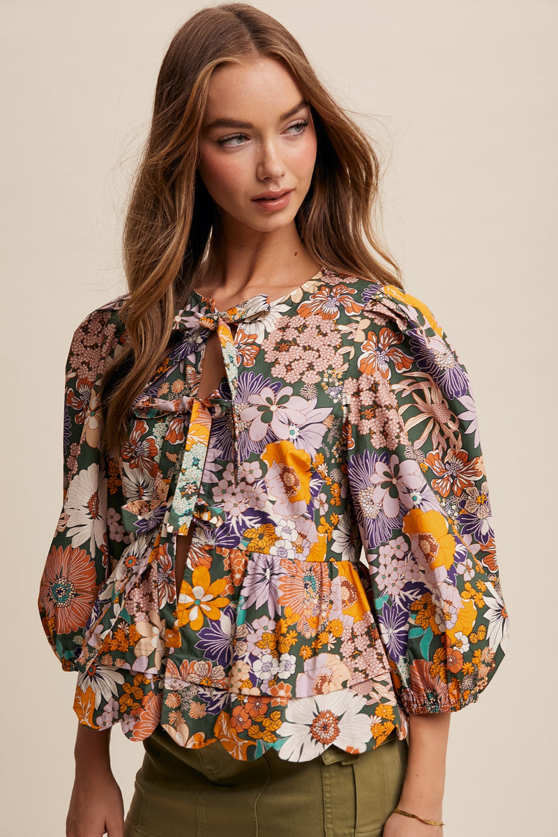 1373 Floral Print Tie Front Puff Sleeve Babydoll Blouse