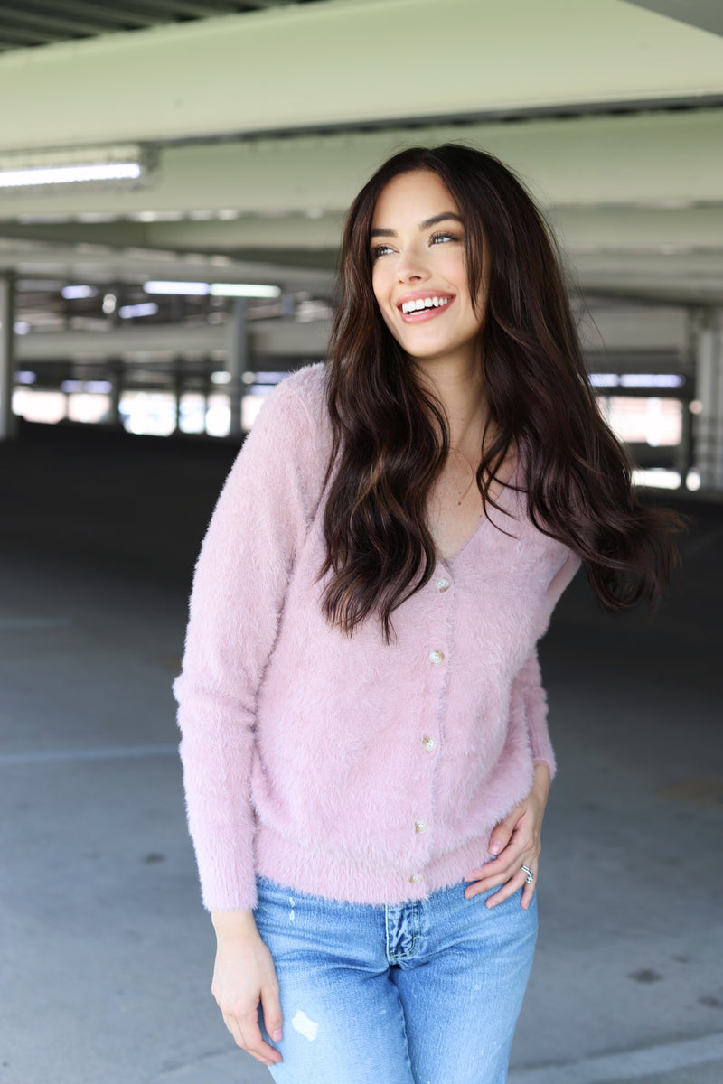 1625 FUZZY BUTTON SWEATER MAUVE