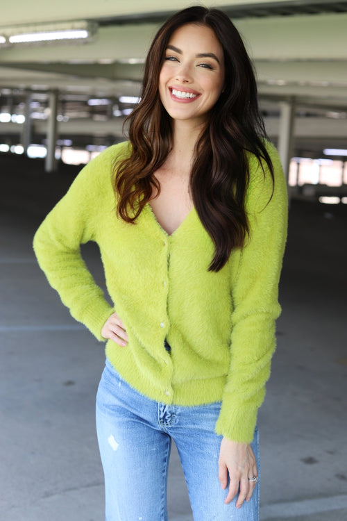 1625 FUZZY BUTTON SWEATER LIME