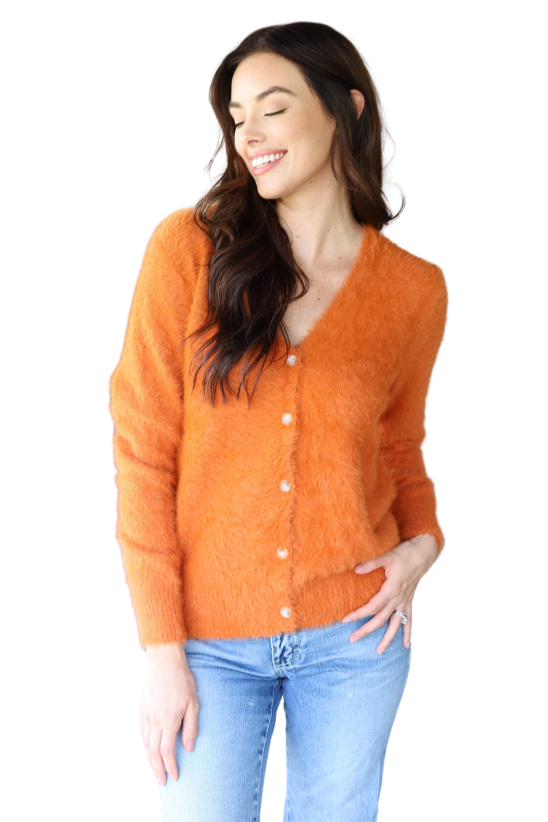 1625 FUZZY BUTTON SWEATER RUST