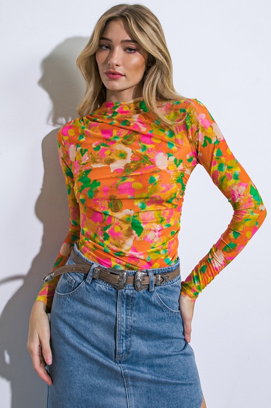 Floral mesh top long sleeve on sale