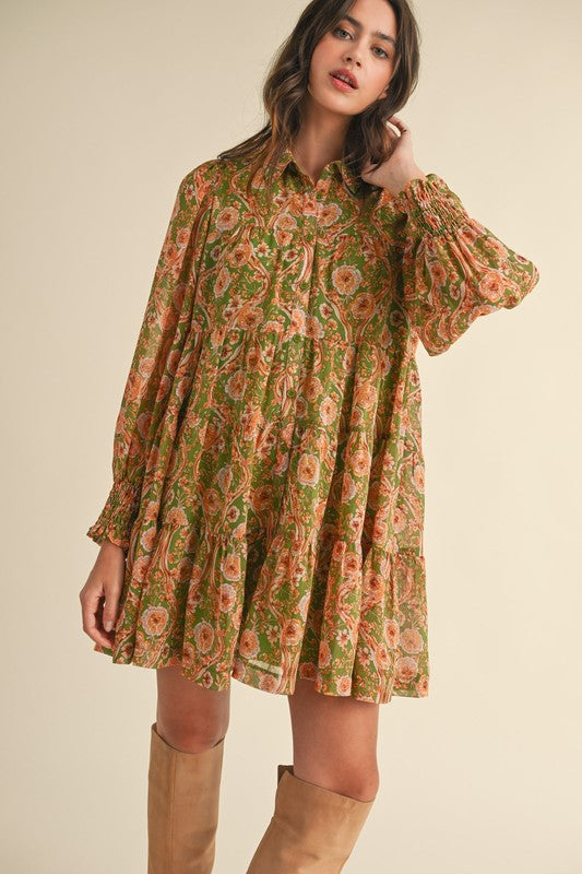 3624 Floral Print Button Down Mini Shirt Dress