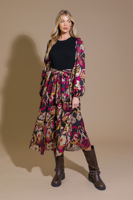 5300 Bohemian Floral Midi Dress with Belted Waist