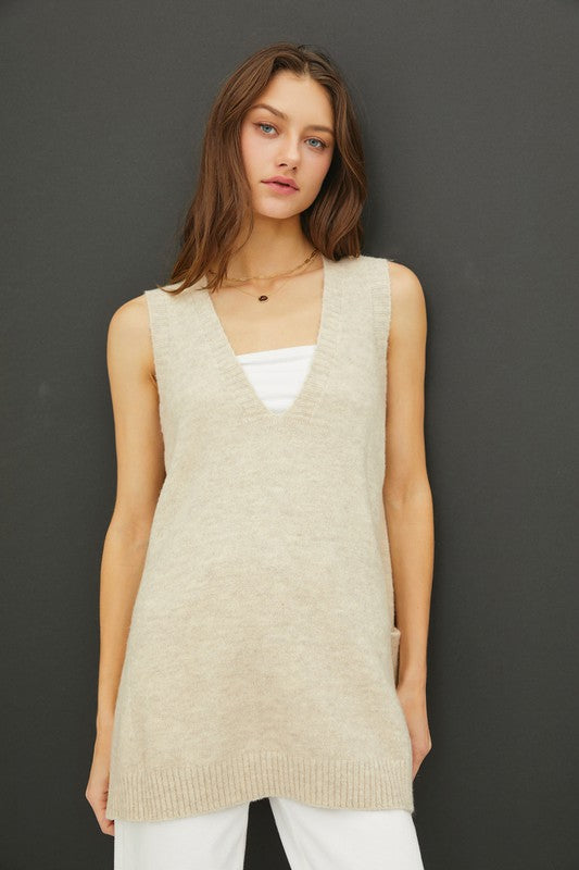 6325 Oversized V-neck Long Soft Sweater Vest with Pockets