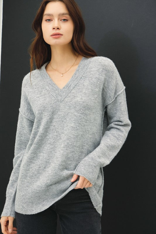 6452 Grey Oversized V-neck Sweater with Raw Seam Details