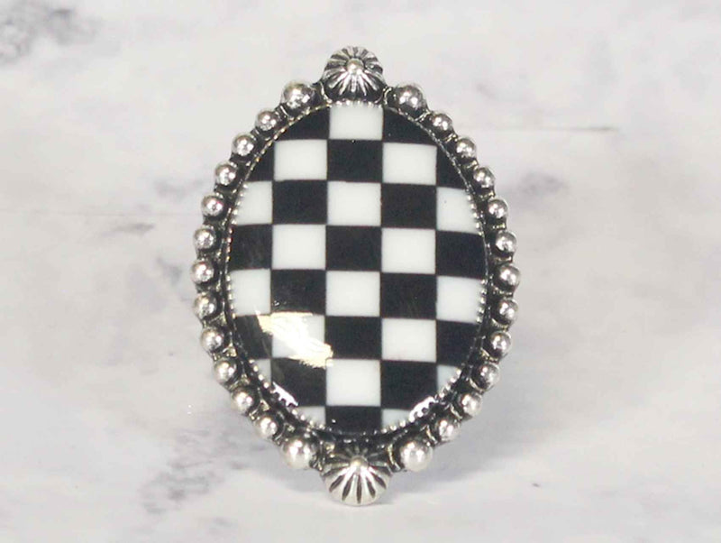 0161 Checkerboard Oval Statement Ring – Bold and Adjustable